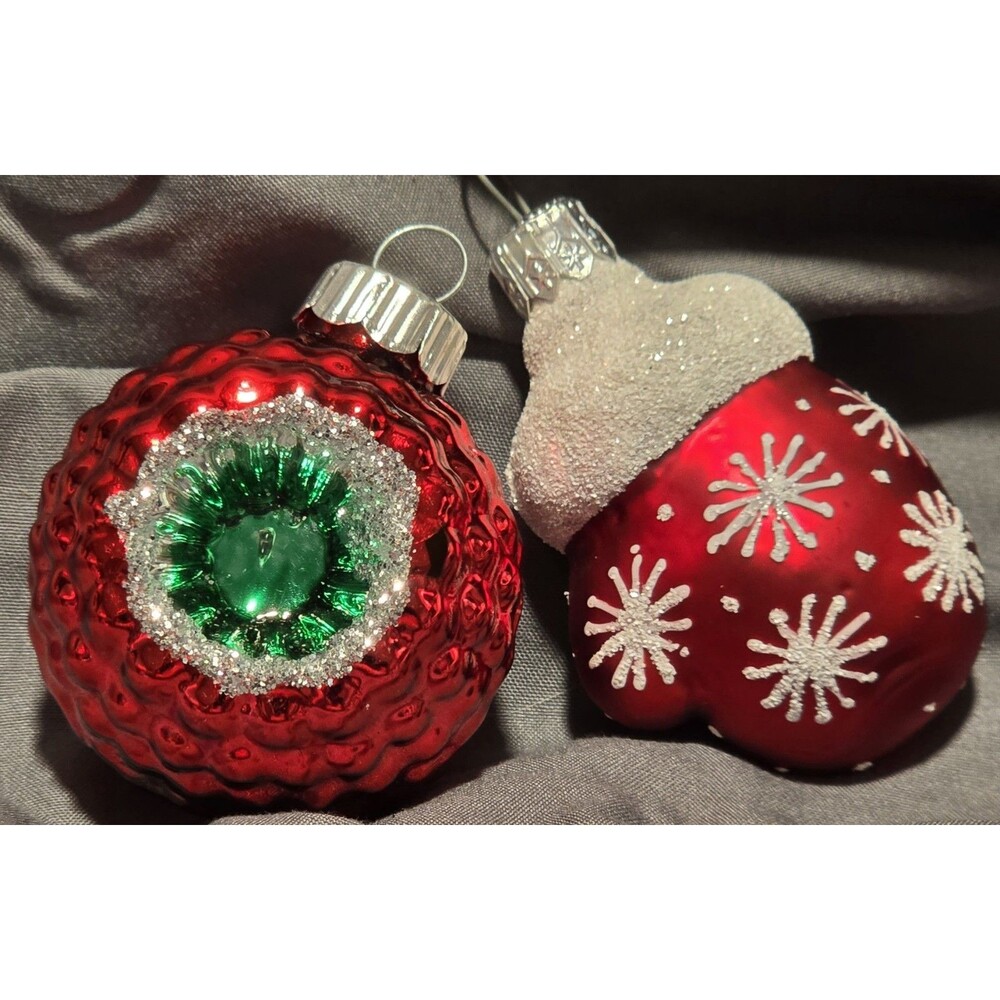 Lot of 2 Glass Ornaments Red Mitten w/ Snowflakes & Radko Shiny Brite Bumpy